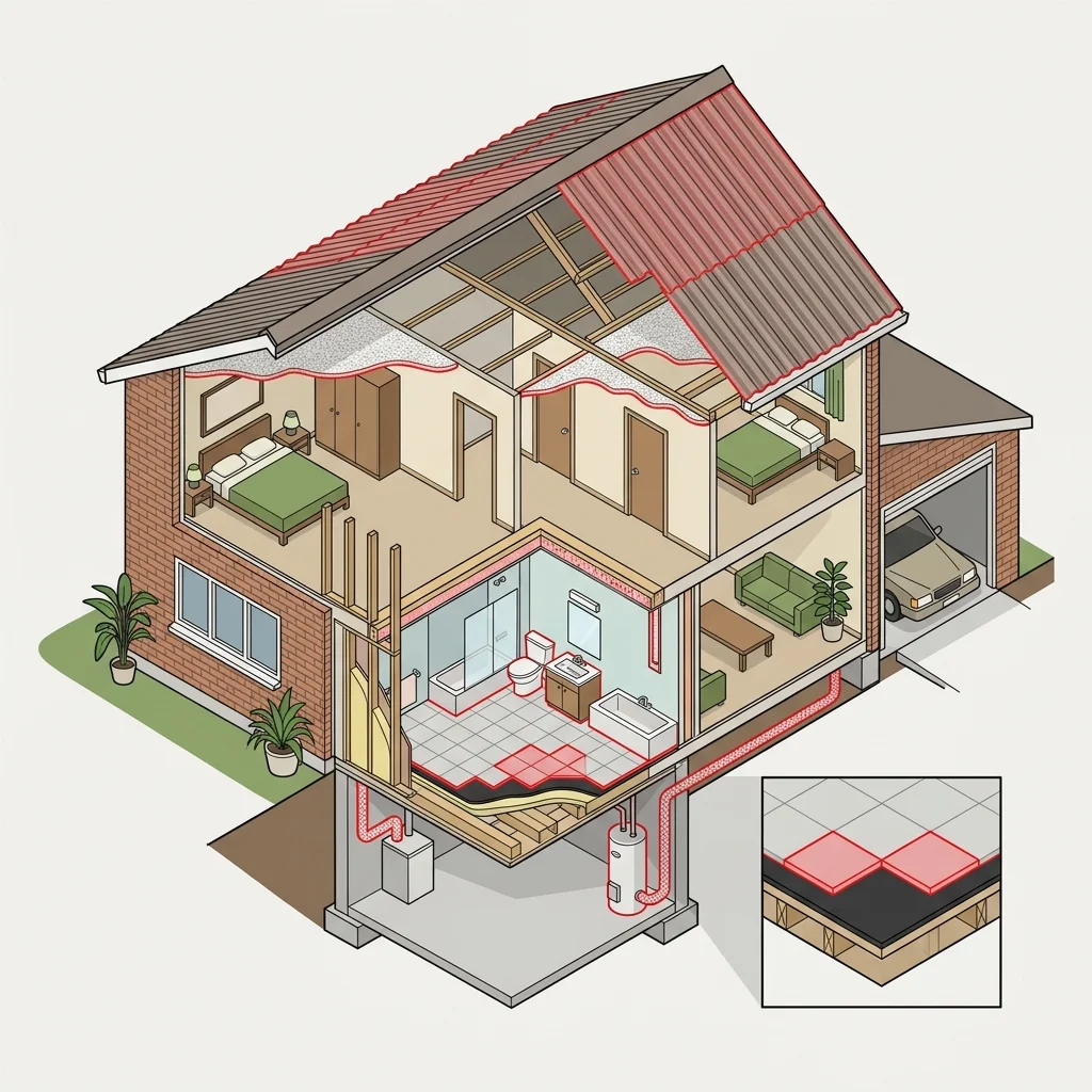 Querschnitt eines Hauses aus den 70er Jahren mit Asbest-Fundorten